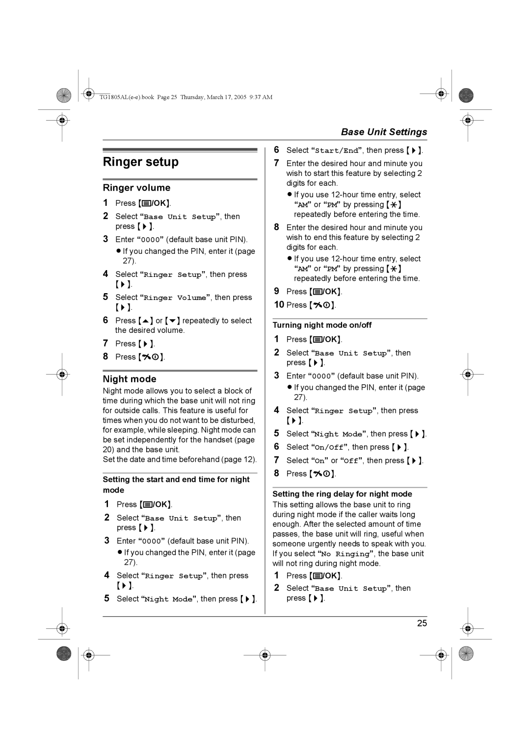 Panasonic kx-tg1805al operating instructions Ringer setup, Night mode 