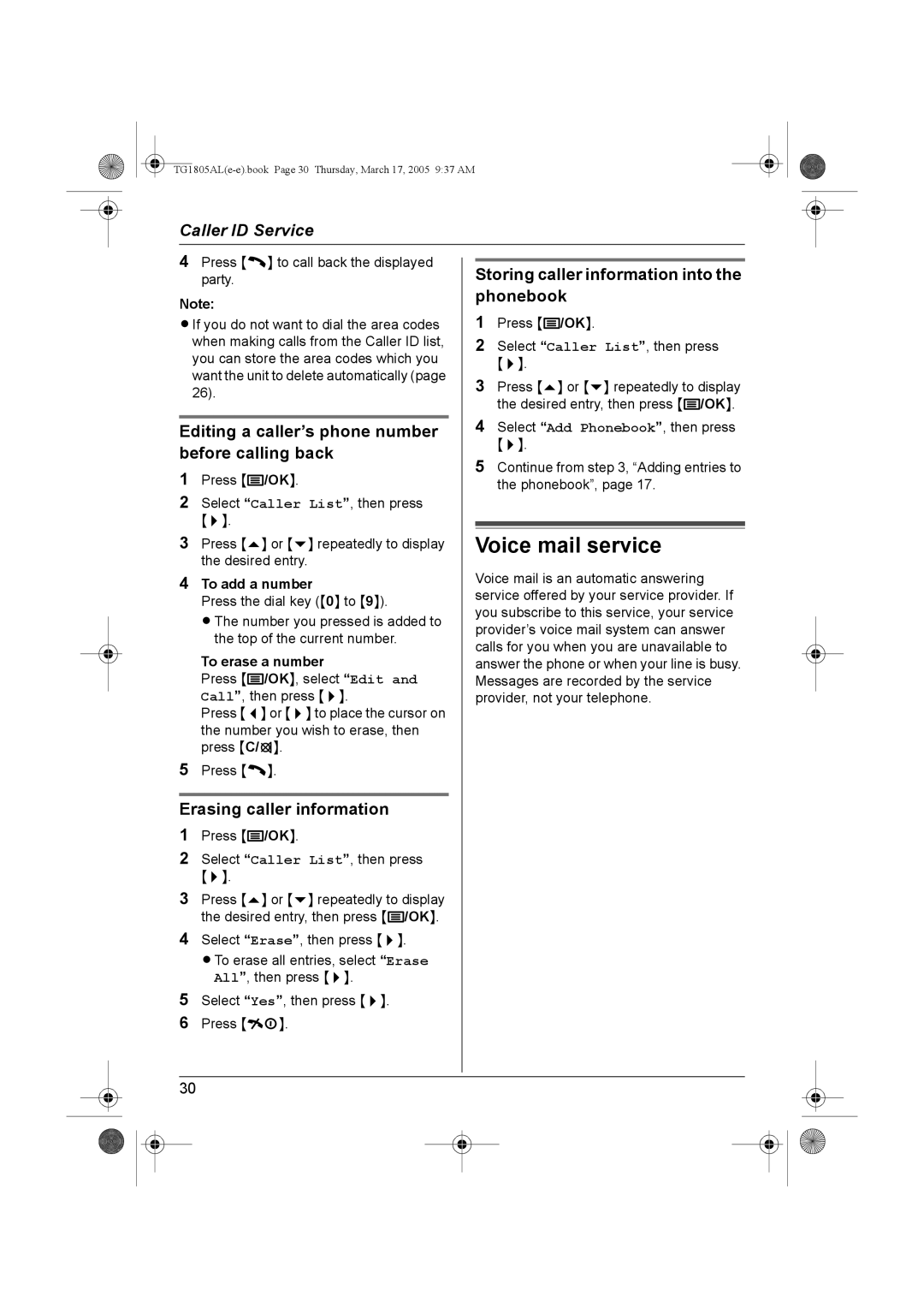 Panasonic kx-tg1805al Voice mail service, Editing a caller’s phone number before calling back, Erasing caller information 