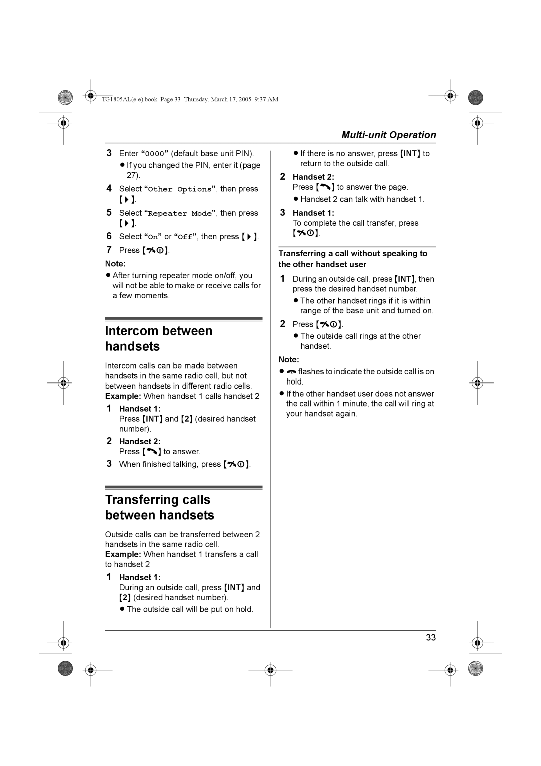 Panasonic kx-tg1805al operating instructions Intercom between handsets, Handset 