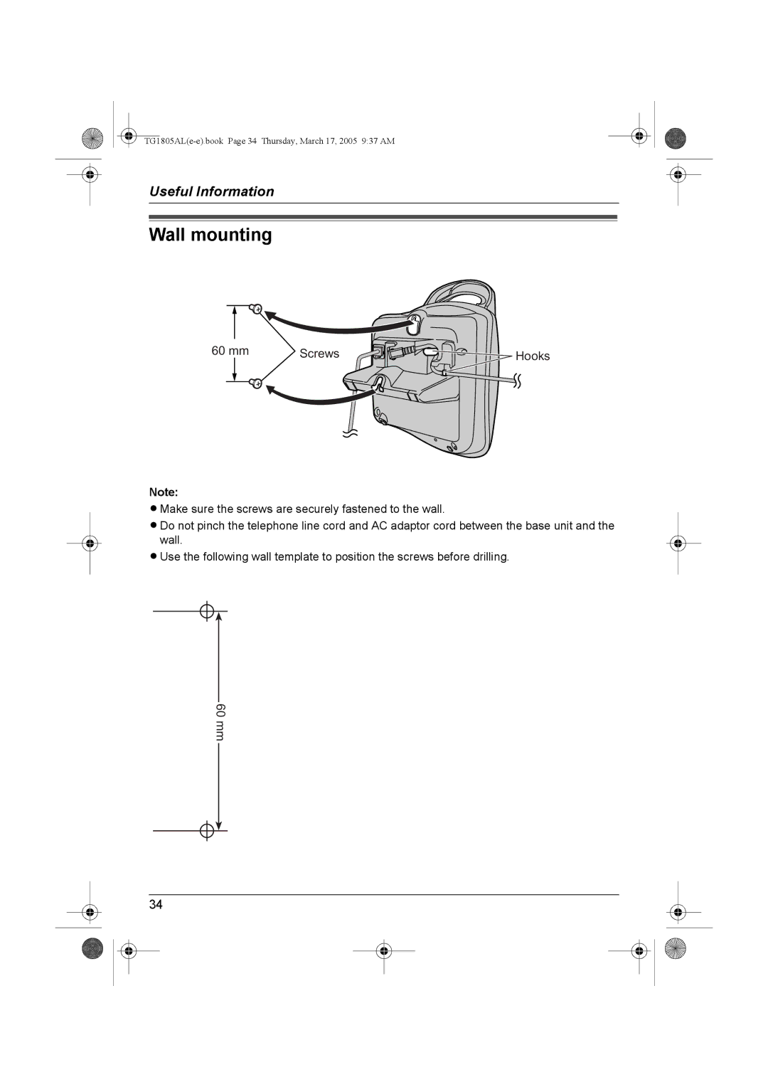 Panasonic kx-tg1805al operating instructions Wall mounting, mm Screws 