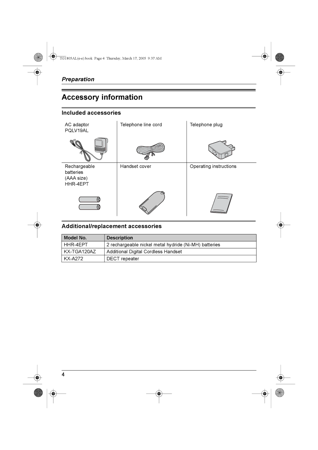 Panasonic kx-tg1805al Accessory information, Included accessories, Additional/replacement accessories 