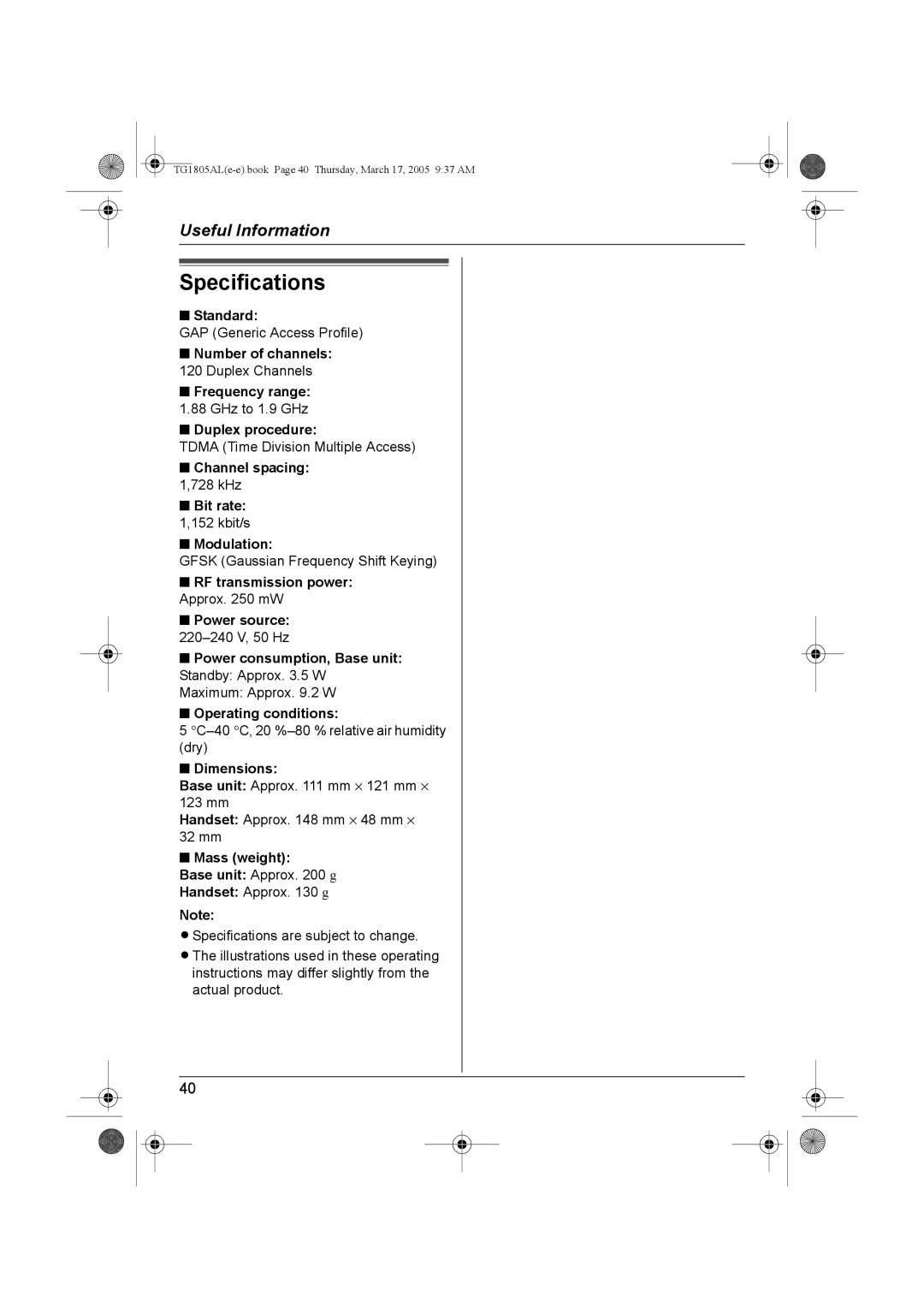 Panasonic kx-tg1805al operating instructions Specifications 