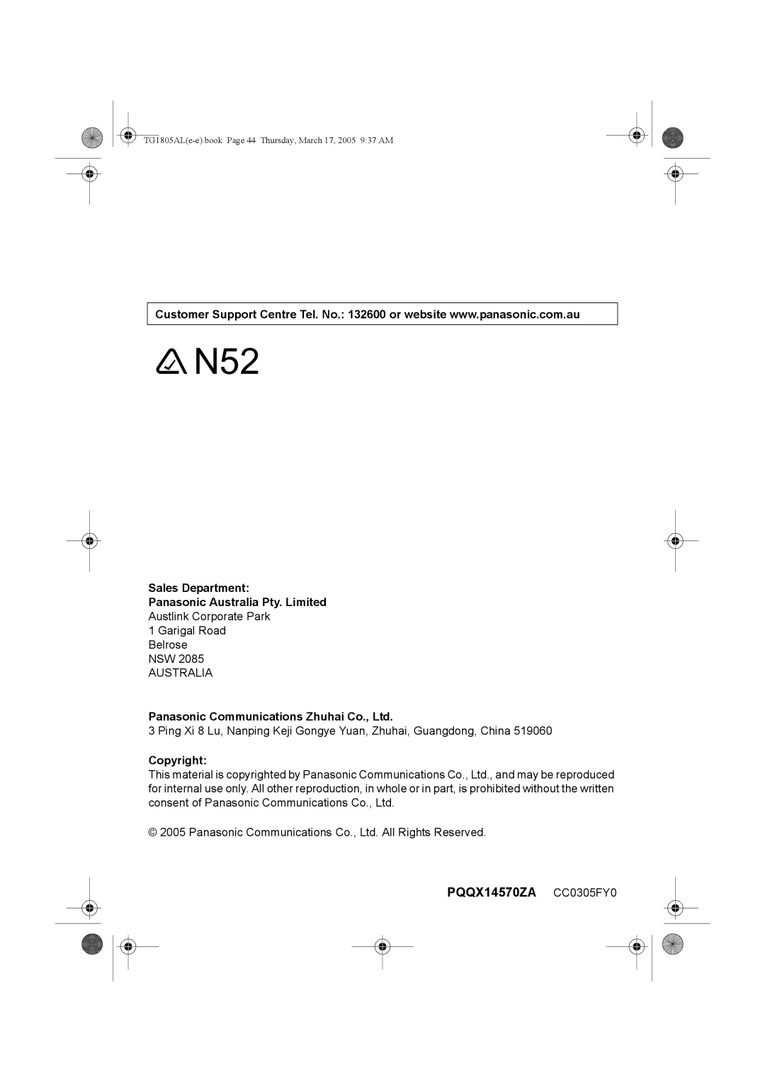 Panasonic kx-tg1805al operating instructions Sales Department Panasonic Australia Pty. Limited, Copyright 