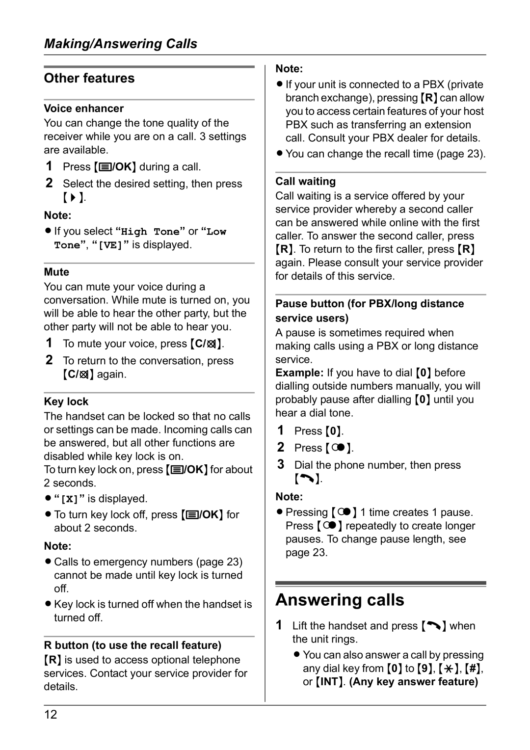 Panasonic KX-TG1805NZ operating instructions Answering calls, Other features 