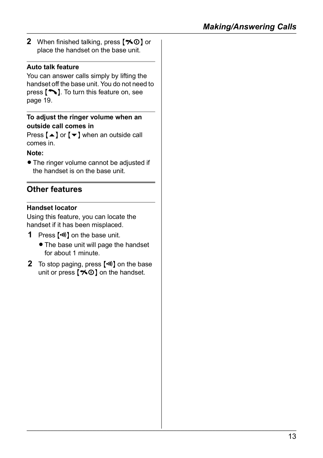 Panasonic KX-TG1805NZ Auto talk feature, To adjust the ringer volume when an outside call comes, Handset locator 