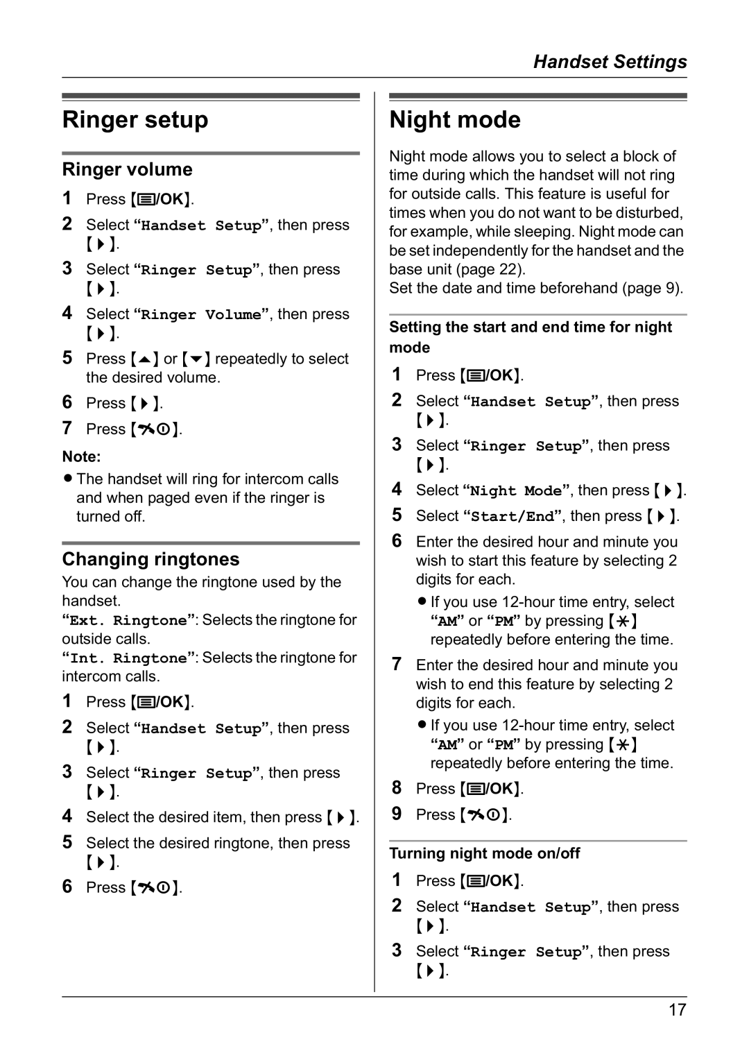 Panasonic KX-TG1805NZ operating instructions Ringer setup, Night mode, Ringer volume, Changing ringtones 