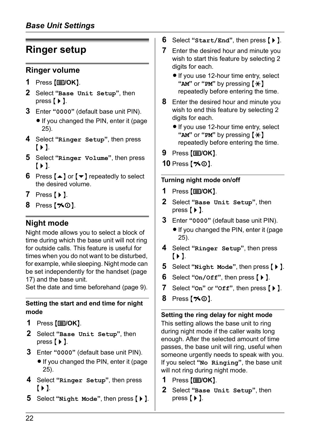 Panasonic KX-TG1805NZ operating instructions Ringer setup, Night mode 