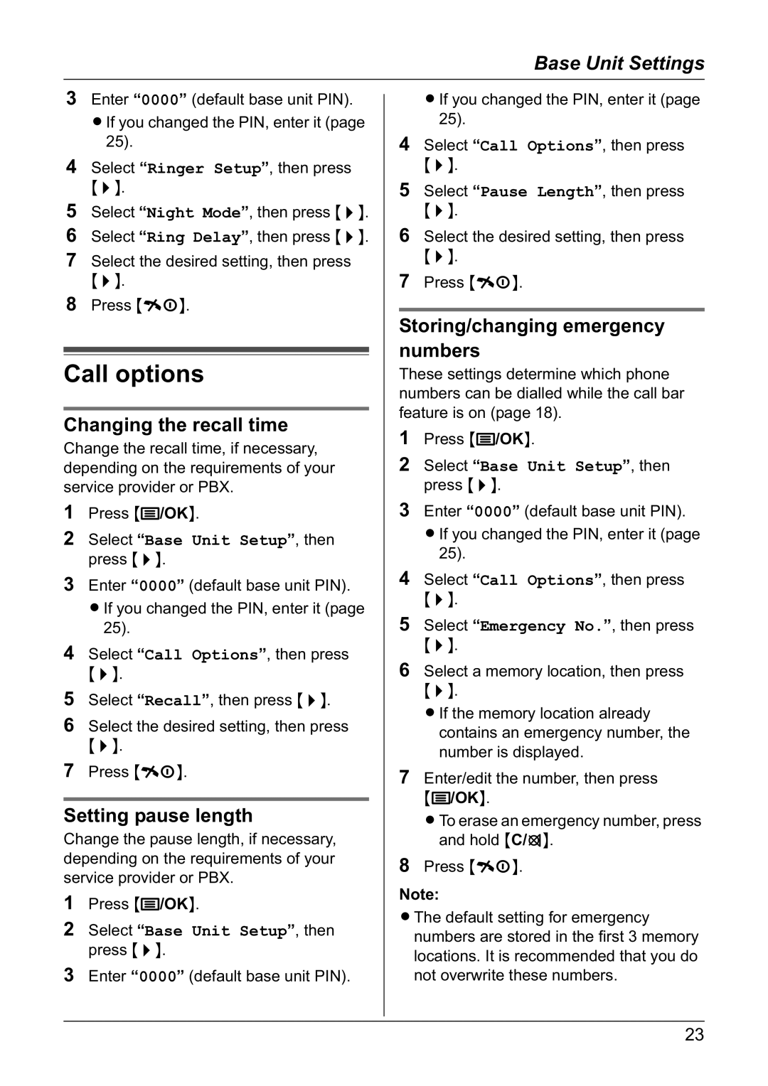 Panasonic KX-TG1805NZ Changing the recall time, Setting pause length, Storing/changing emergency numbers 