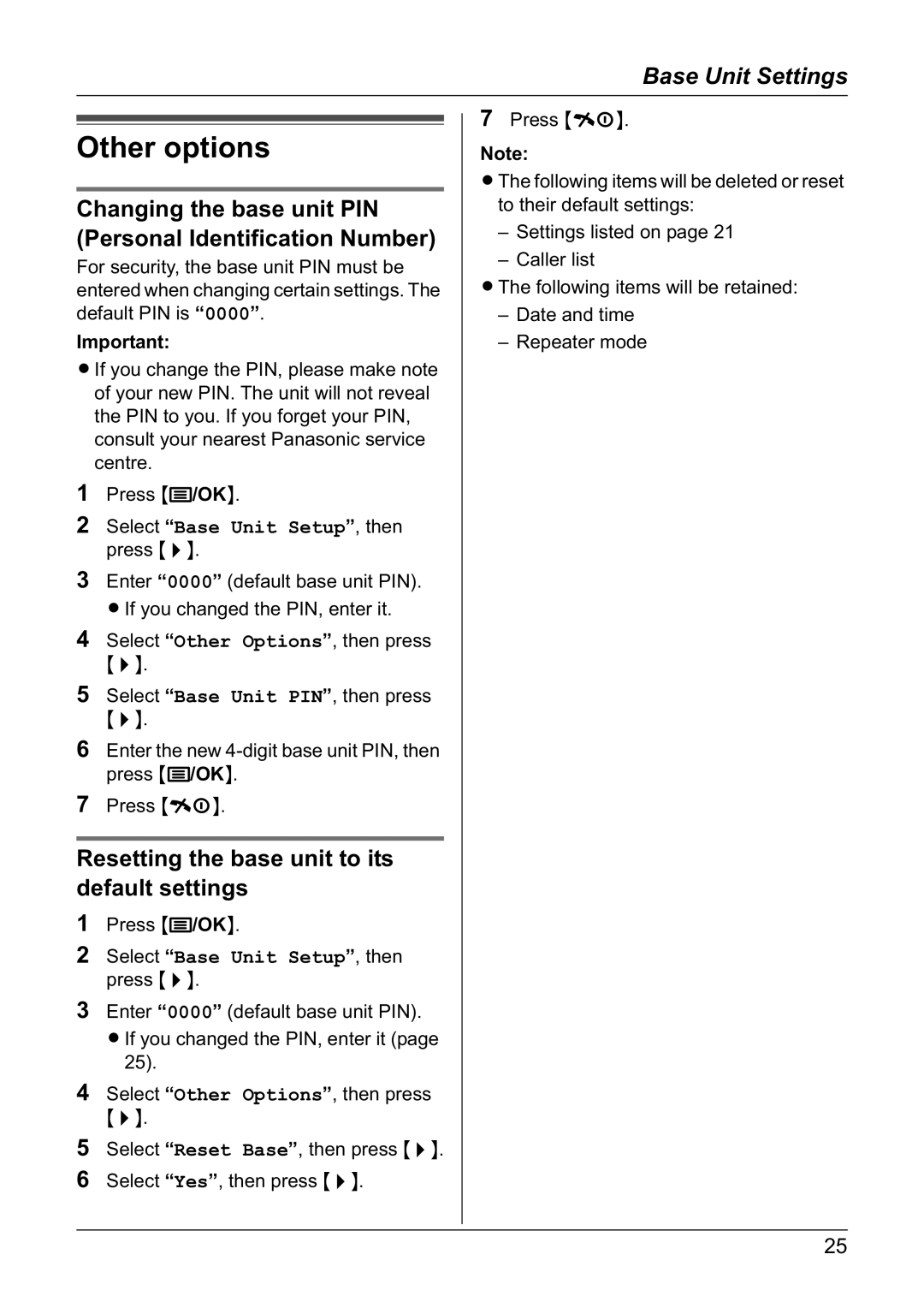 Panasonic KX-TG1805NZ operating instructions Changing the base unit PIN Personal Identification Number 