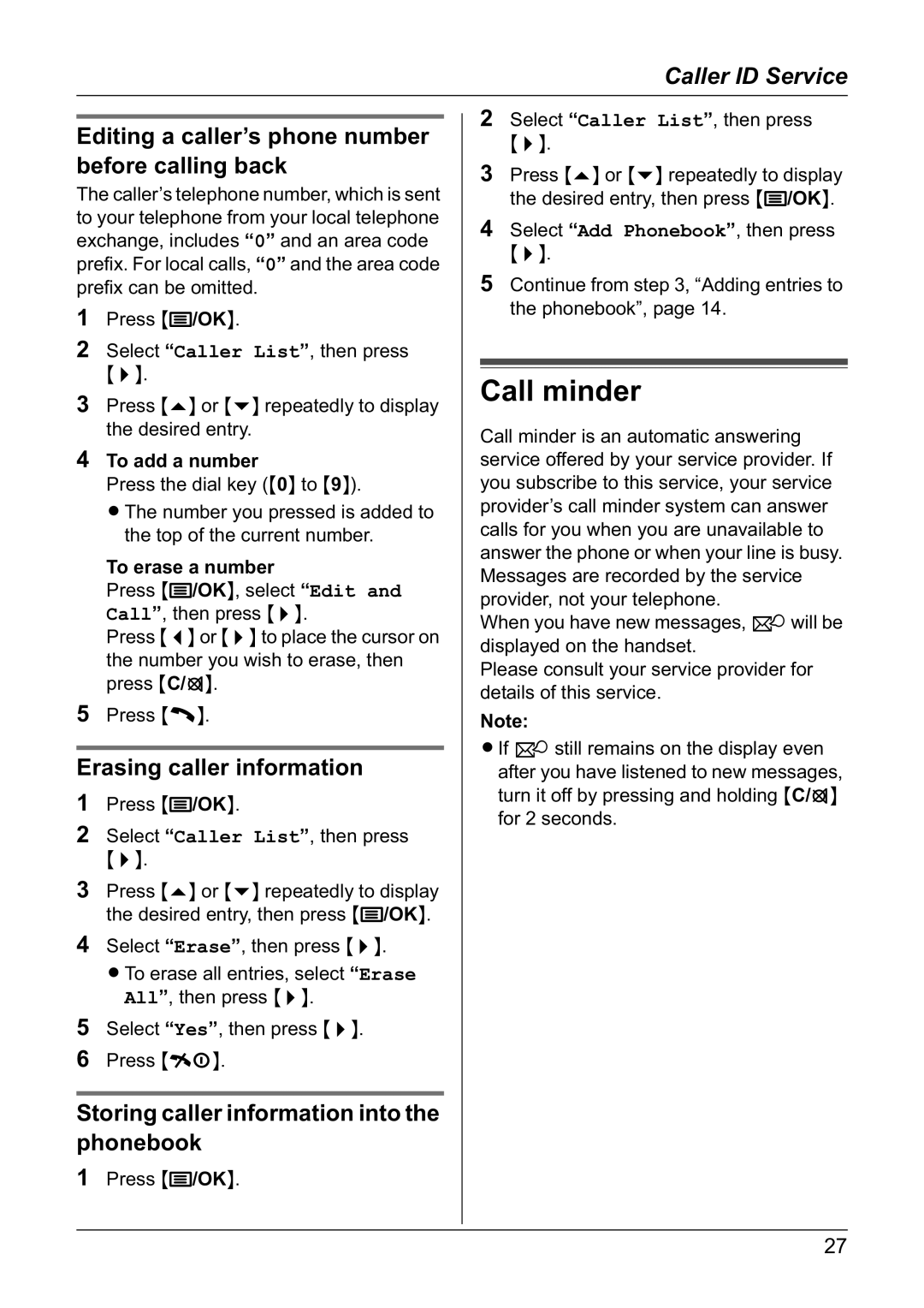 Panasonic KX-TG1805NZ Call minder, Editing a caller’s phone number before calling back, Erasing caller information 