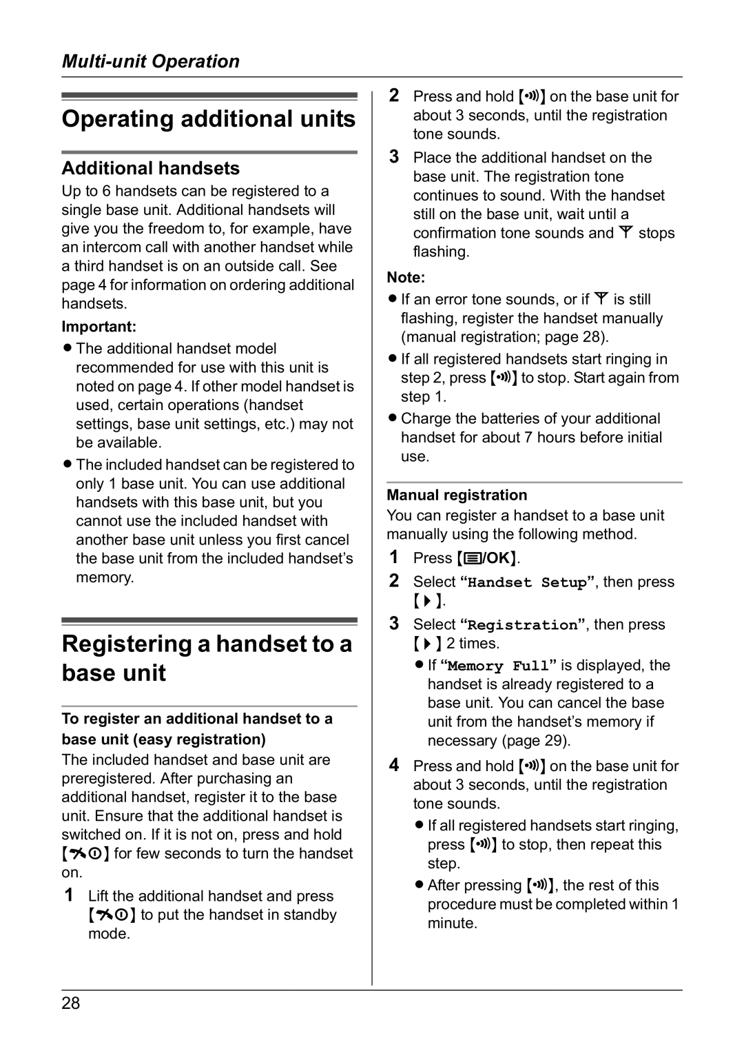 Panasonic KX-TG1805NZ Operating additional units, Registering a handset to a base unit, Additional handsets 