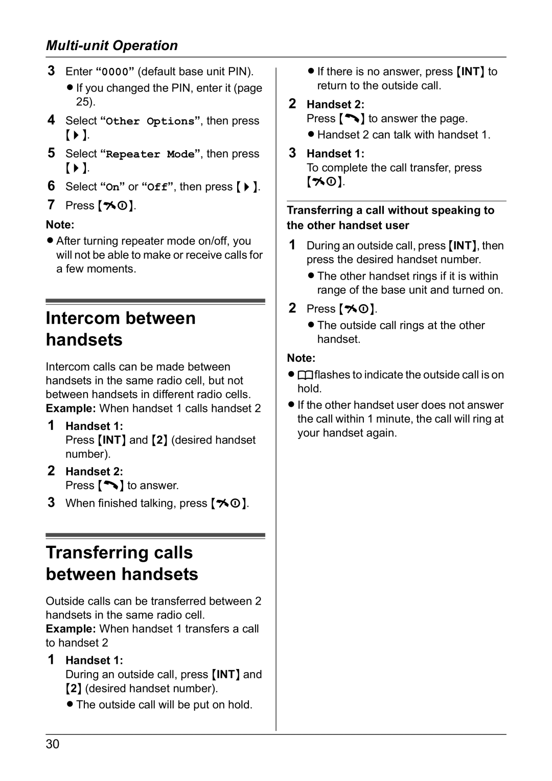 Panasonic KX-TG1805NZ operating instructions Intercom between handsets, Transferring calls between handsets, Handset 