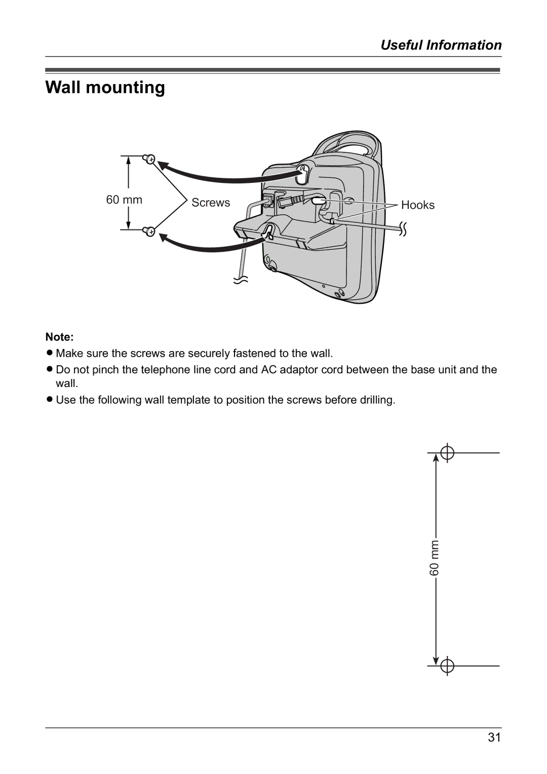 Panasonic KX-TG1805NZ operating instructions Wall mounting, mm Screws Hooks 