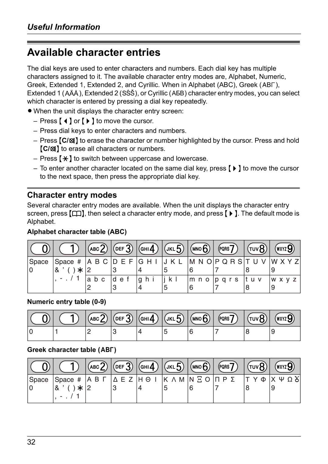 Panasonic KX-TG1805NZ operating instructions Available character entries, Character entry modes 