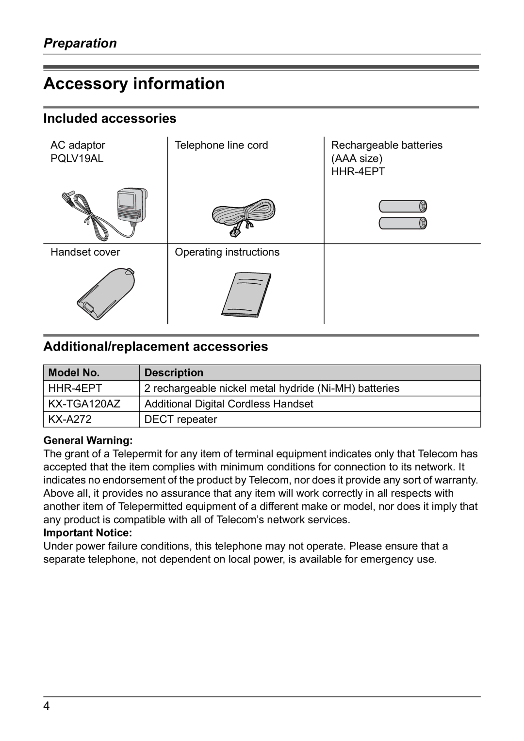 Panasonic KX-TG1805NZ Accessory information, Included accessories, Additional/replacement accessories 