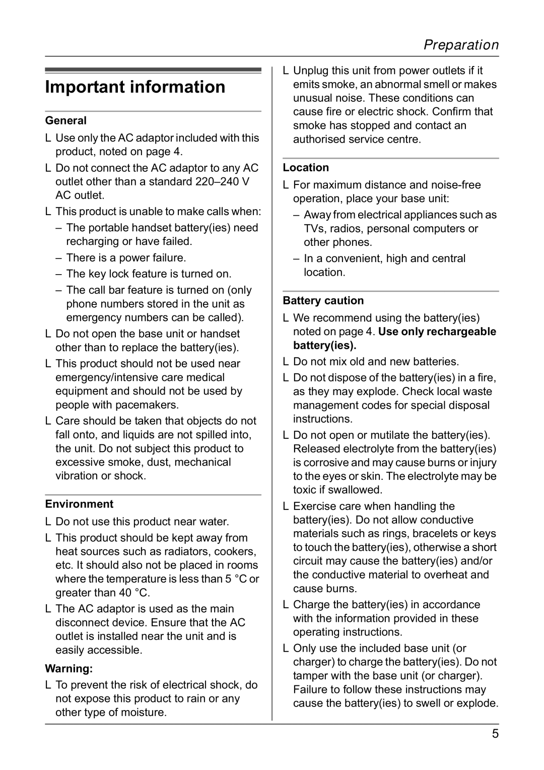 Panasonic KX-TG1805NZ operating instructions Important information, General, Environment, Location, Battery caution 