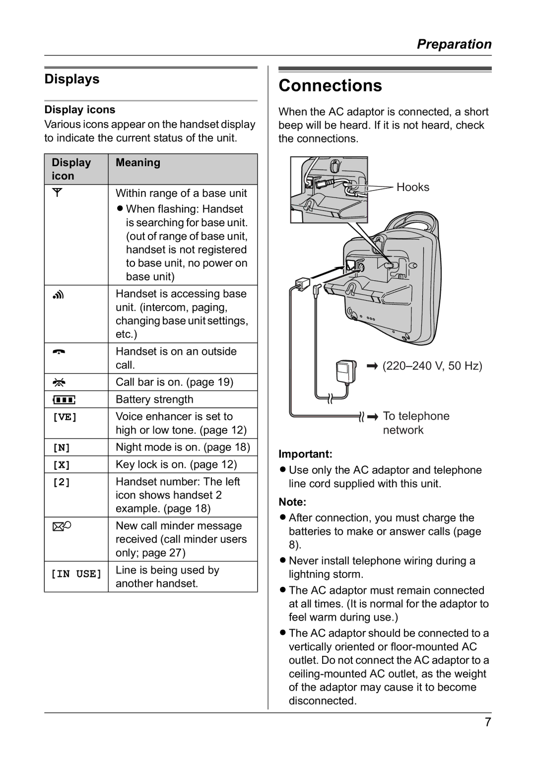 Panasonic KX-TG1805NZ operating instructions Connections, Displays, Display icons, Display Meaning Icon 