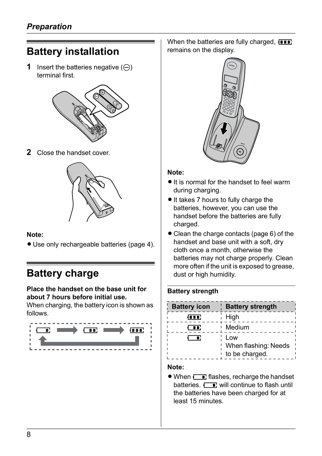 Panasonic KX-TG1805NZ operating instructions Battery installation, Battery charge, Battery strength Battery icon 