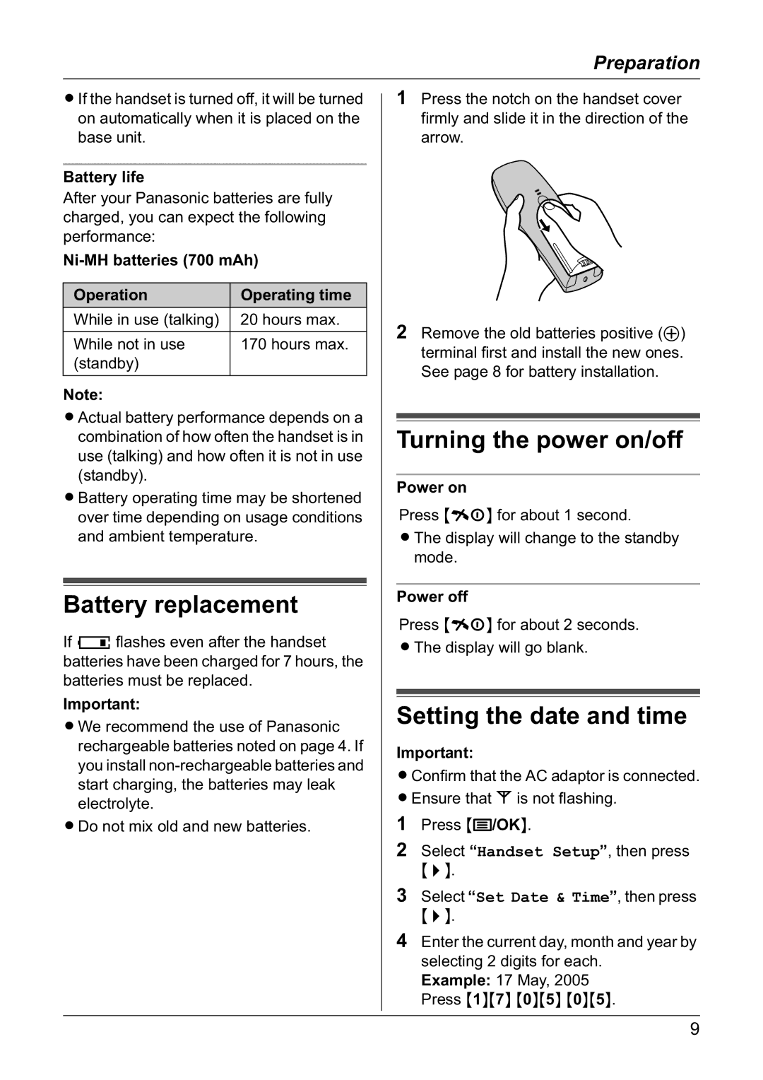 Panasonic KX-TG1805NZ operating instructions Battery replacement, Turning the power on/off, Setting the date and time 