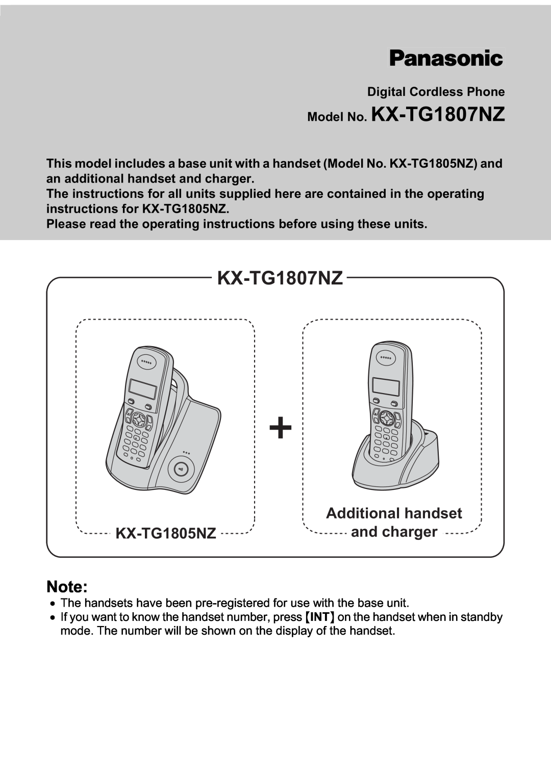 Panasonic operating instructions Model No. KX-TG1807NZ, Additional handset, KX-TG1805NZ, and charger 