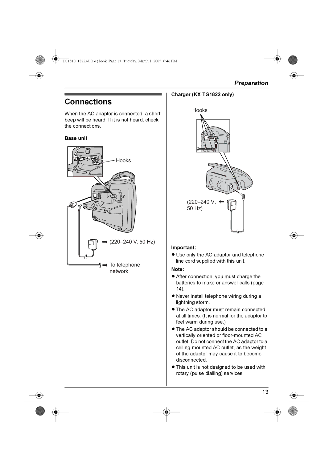 Panasonic KX-TG1822AL, KX-TG1810AL operating instructions Connections, Charger KX-TG1822 only 