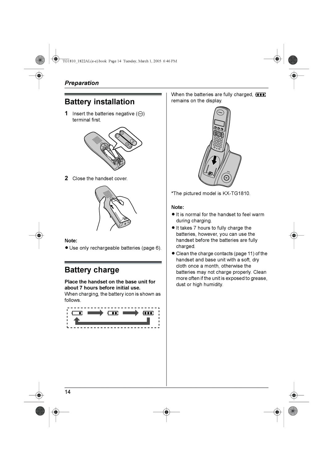 Panasonic KX-TG1810AL, KX-TG1822AL operating instructions Battery installation, Battery charge 