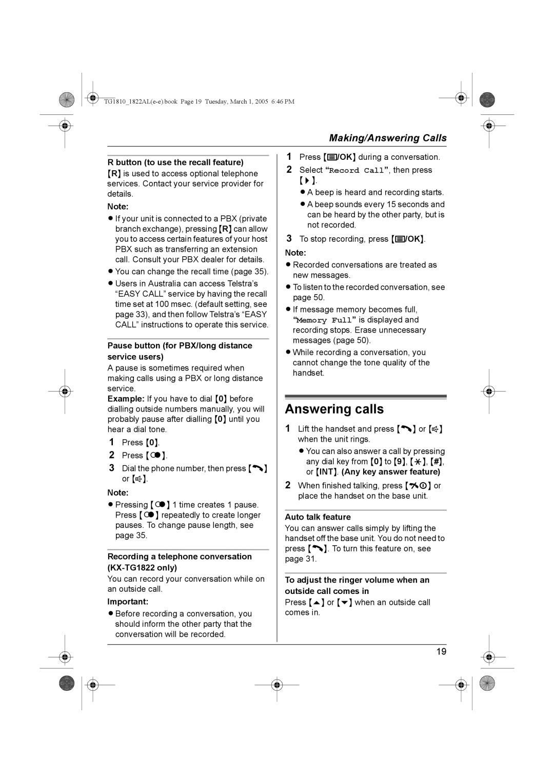 Panasonic KX-TG1822AL, KX-TG1810AL operating instructions Answering calls 