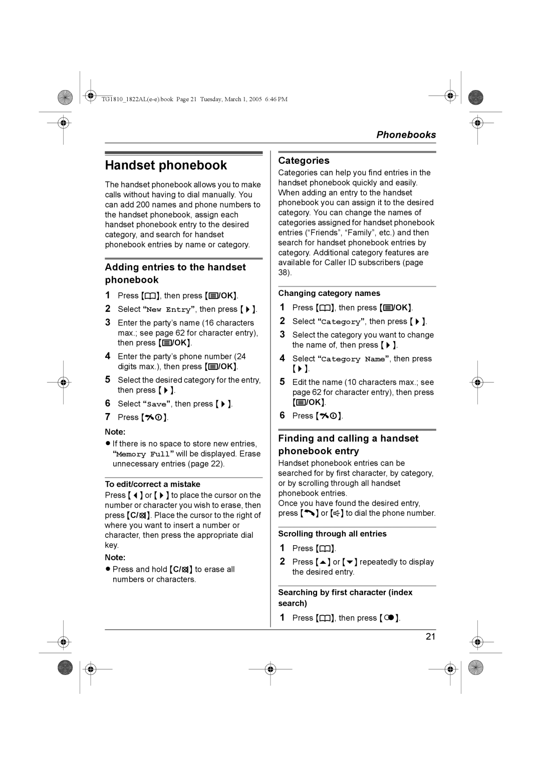 Panasonic KX-TG1822AL, KX-TG1810AL operating instructions Handset phonebook 