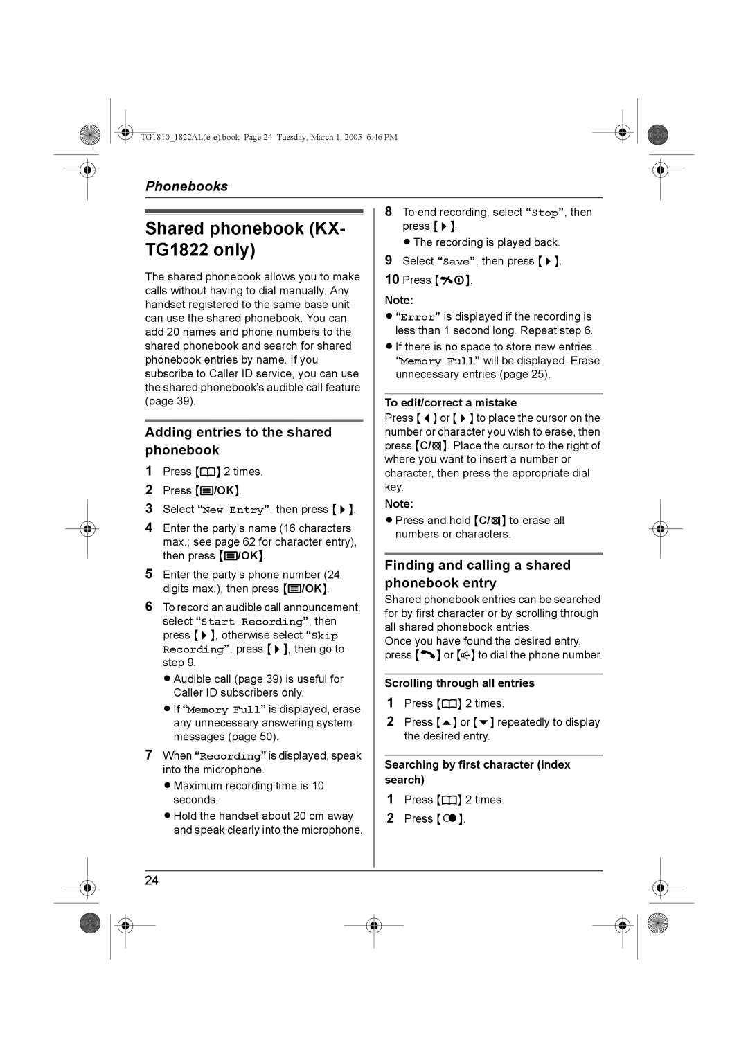 Panasonic KX-TG1810AL, KX-TG1822AL Shared phonebook KX- TG1822 only, Adding entries to the shared phonebook 