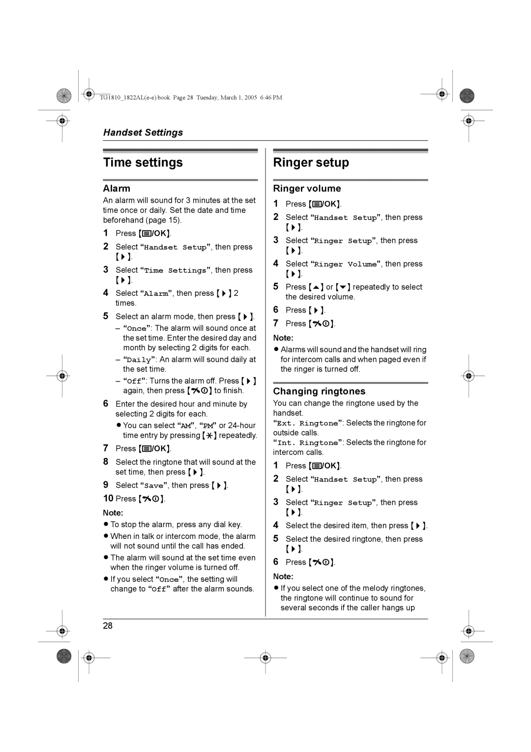 Panasonic KX-TG1810AL, KX-TG1822AL operating instructions Ringer setup, Ringer volume, Changing ringtones 