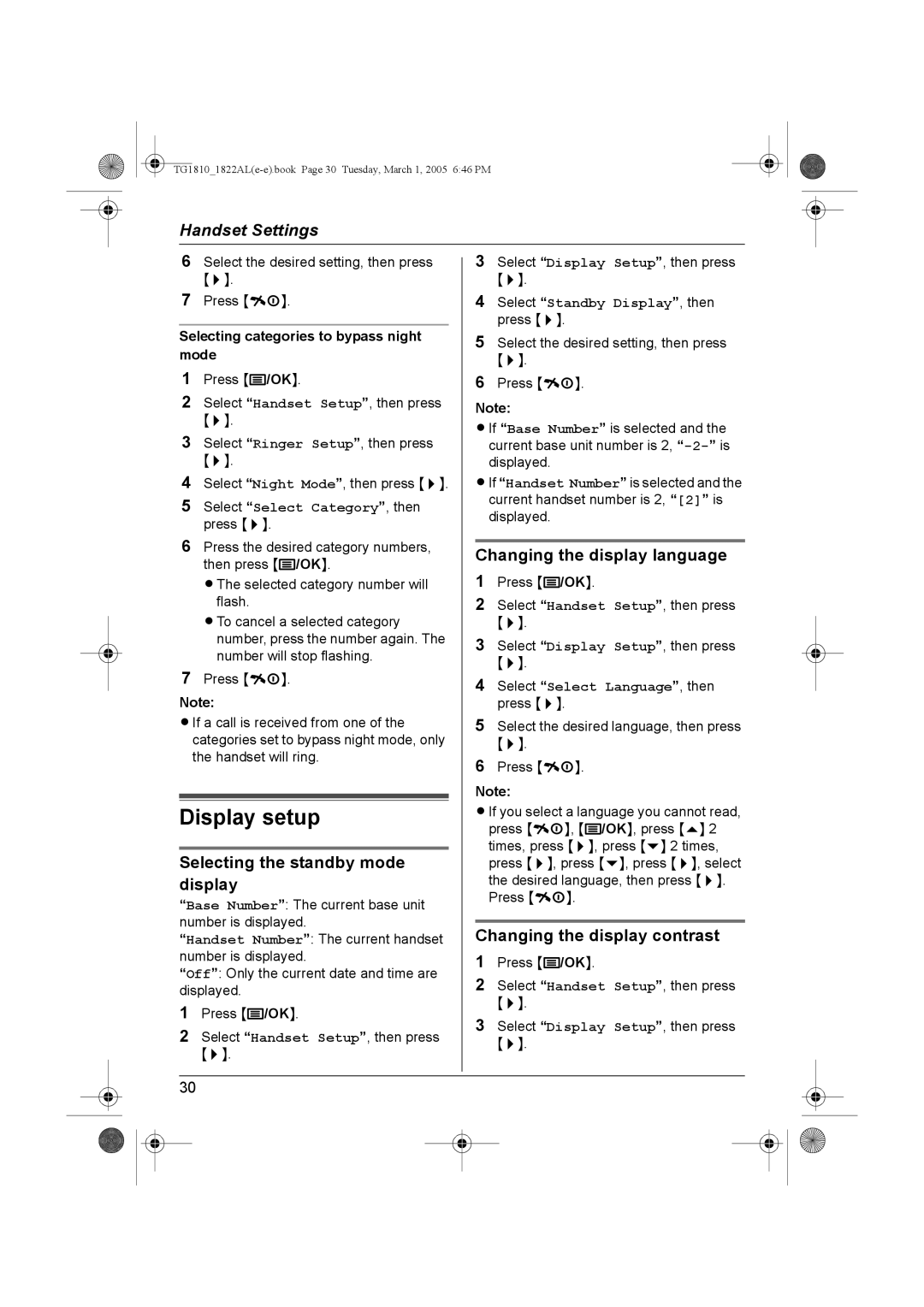 Panasonic KX-TG1810AL, KX-TG1822AL Display setup, Selecting the standby mode display, Changing the display language 