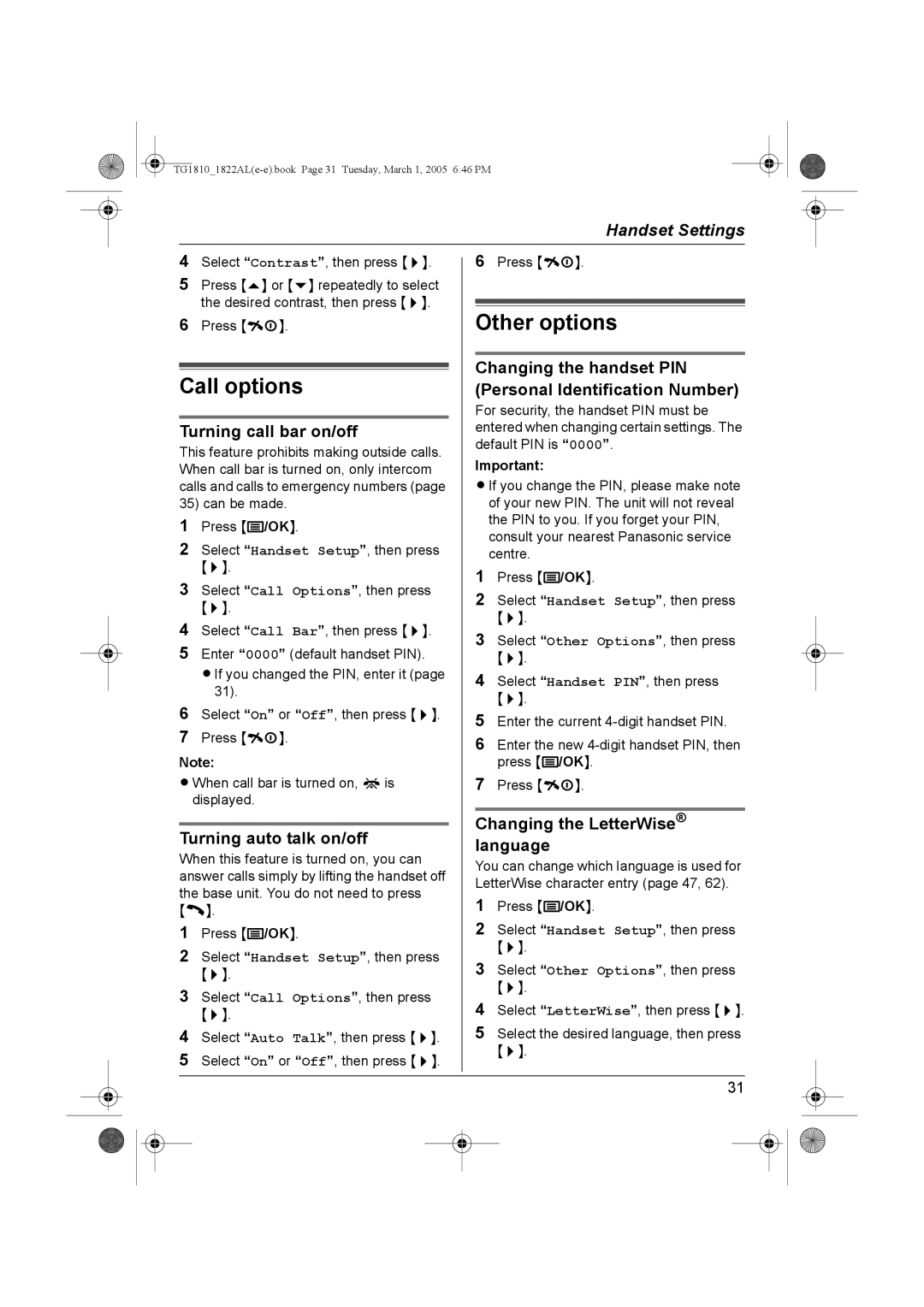 Panasonic KX-TG1822AL, KX-TG1810AL operating instructions Other options, Call options 