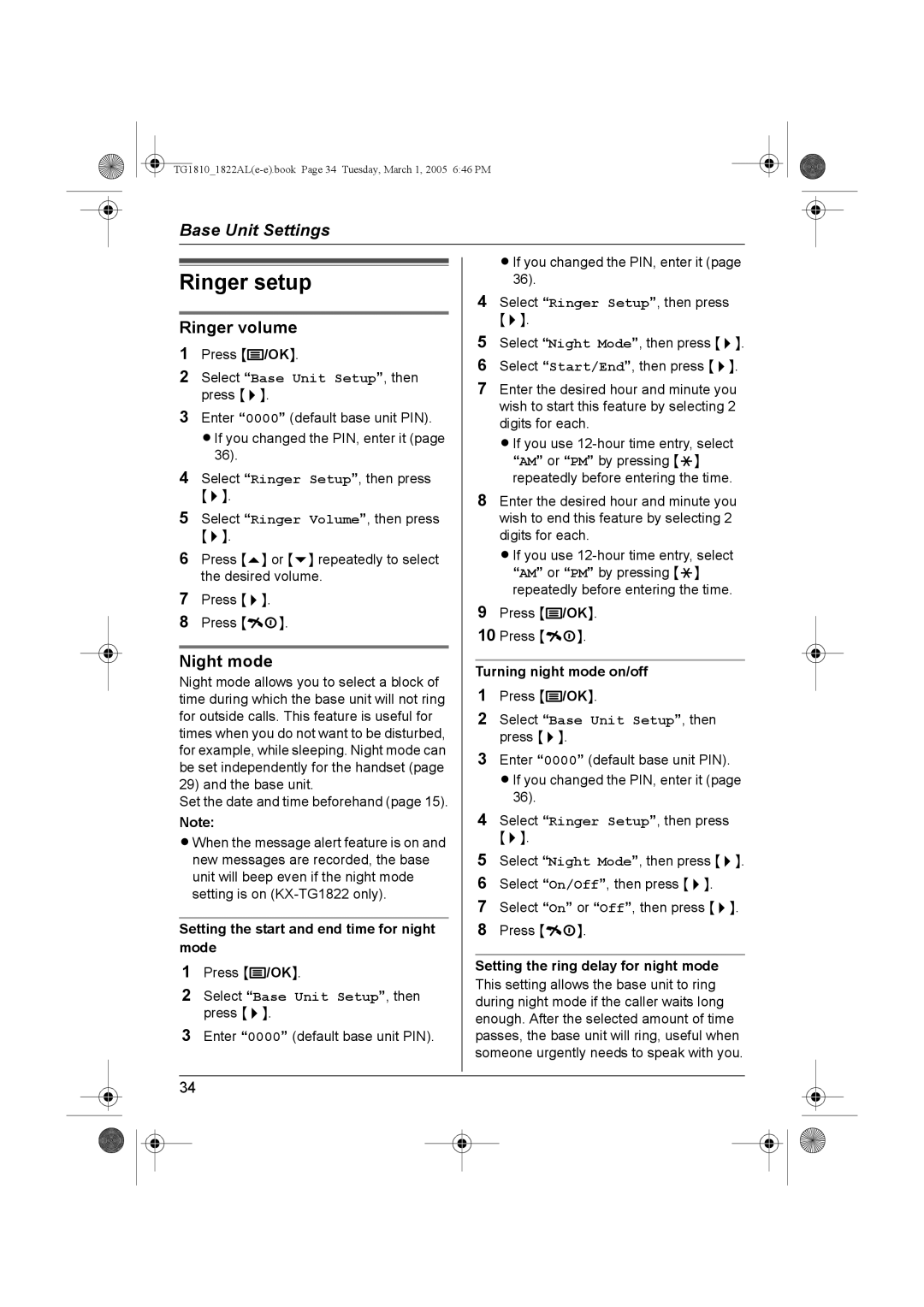 Panasonic KX-TG1810AL, KX-TG1822AL operating instructions Ringer setup, Night mode 