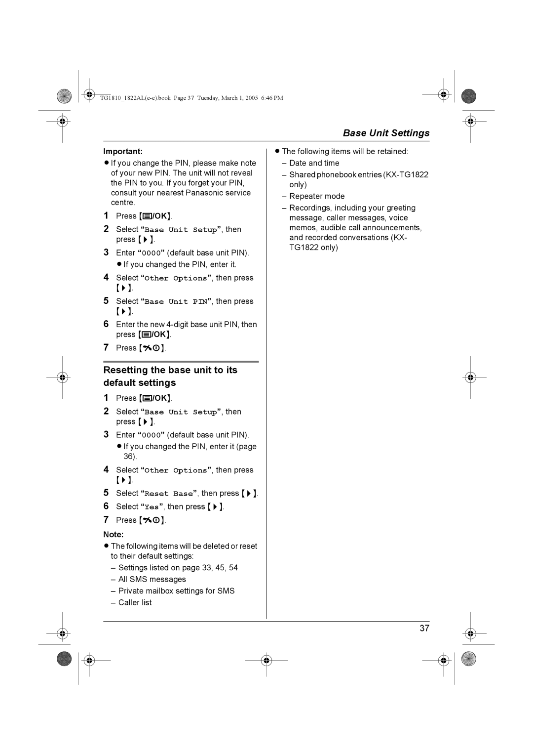 Panasonic KX-TG1822AL, KX-TG1810AL operating instructions Resetting the base unit to its default settings 