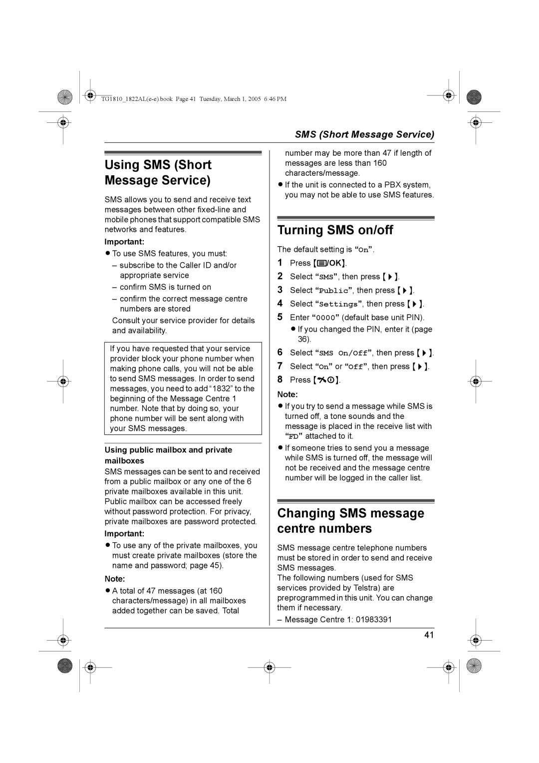 Panasonic KX-TG1822AL Using SMS Short Message Service, Turning SMS on/off, Using public mailbox and private mailboxes 