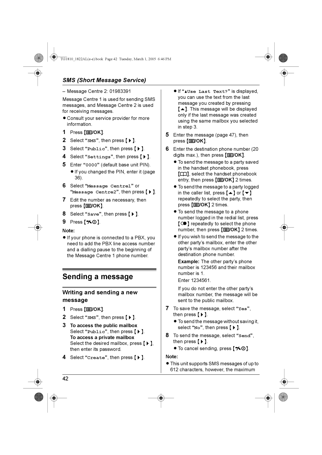 Panasonic KX-TG1810AL, KX-TG1822AL operating instructions Sending a message, Writing and sending a new message 