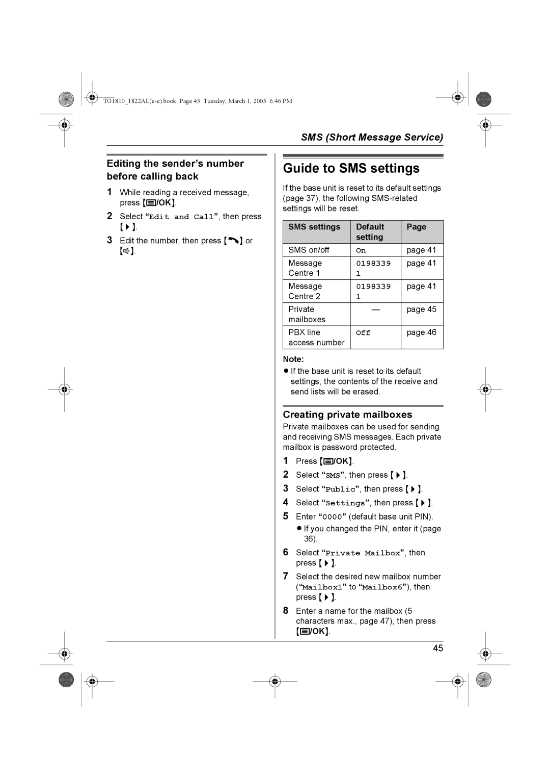 Panasonic KX-TG1822AL Guide to SMS settings, Editing the sender’s number before calling back, Creating private mailboxes 