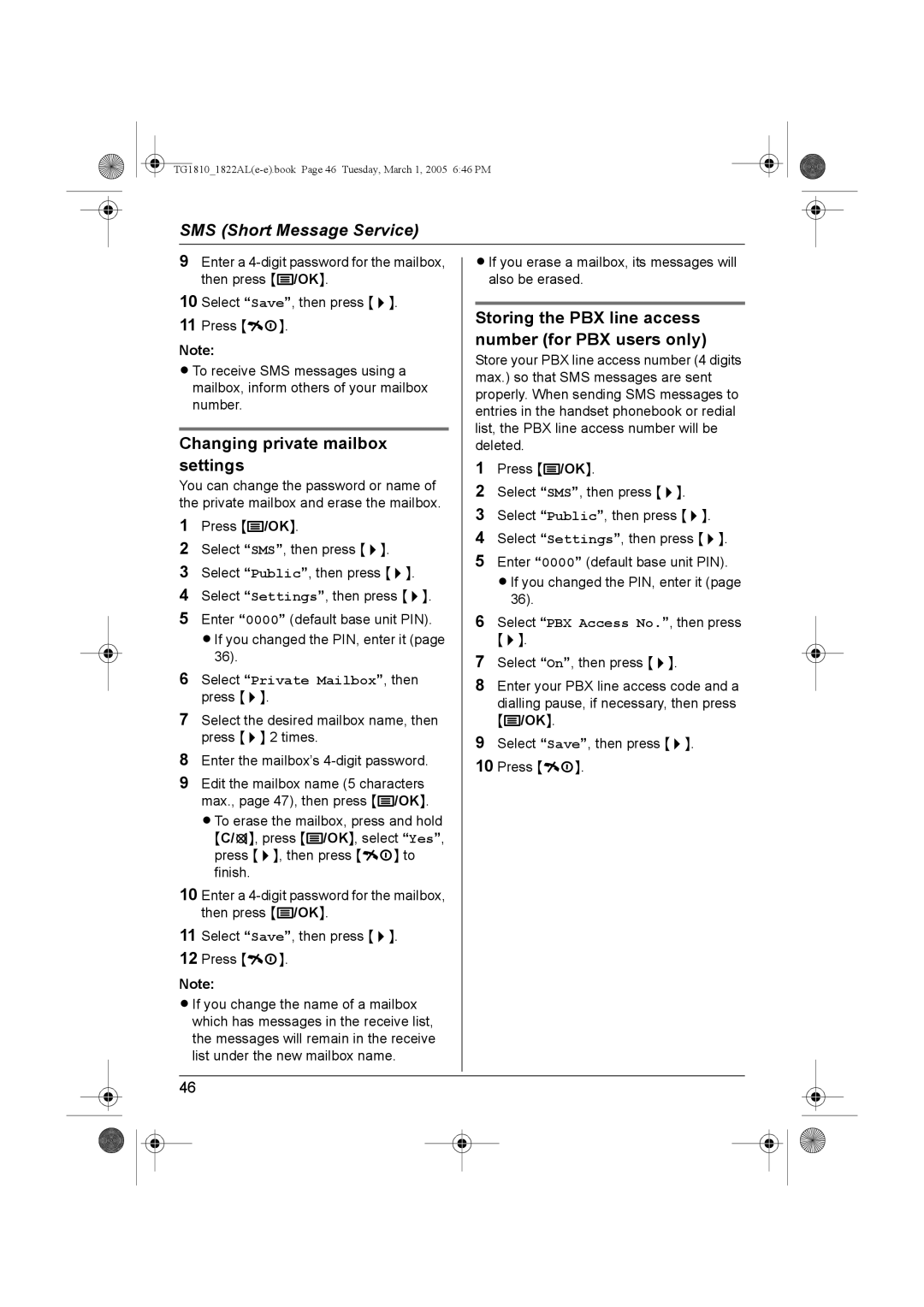 Panasonic KX-TG1810AL Changing private mailbox settings, Storing the PBX line access number for PBX users only 