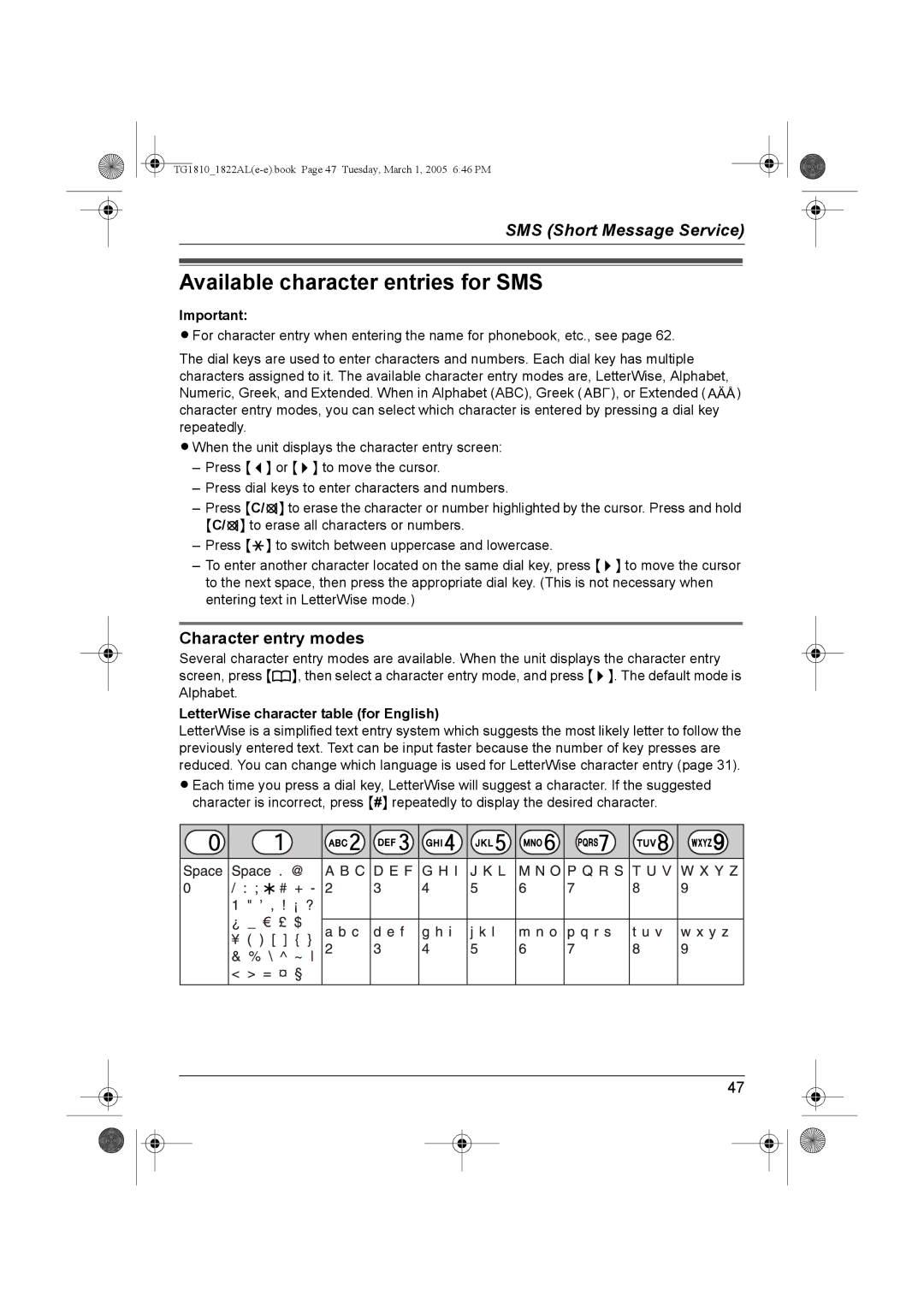 Panasonic KX-TG1822AL Available character entries for SMS, Character entry modes, LetterWise character table for English 