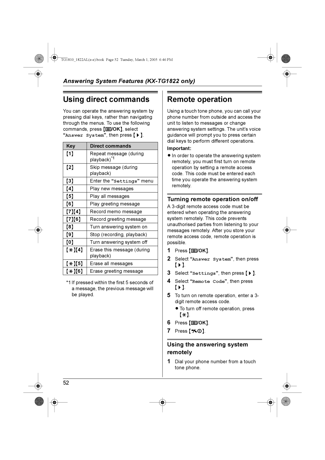 Panasonic KX-TG1810AL Using direct commands, Remote operation, Turning remote operation on/off, Key Direct commands 