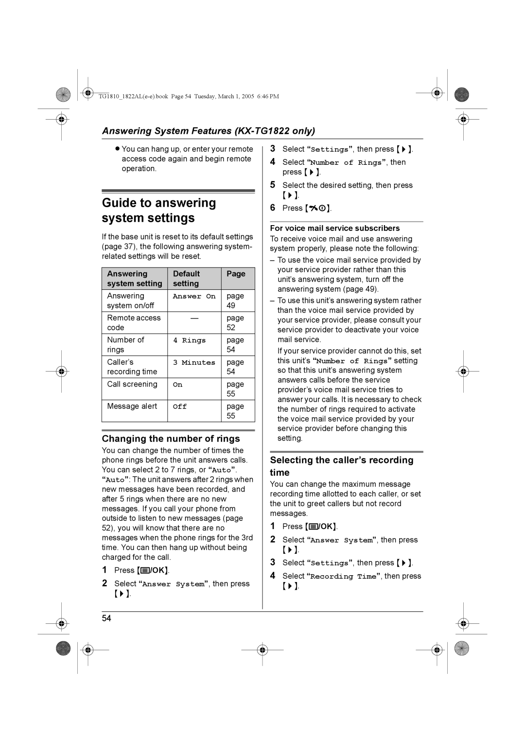 Panasonic KX-TG1810AL, KX-TG1822AL Changing the number of rings, Selecting the caller’s recording time 