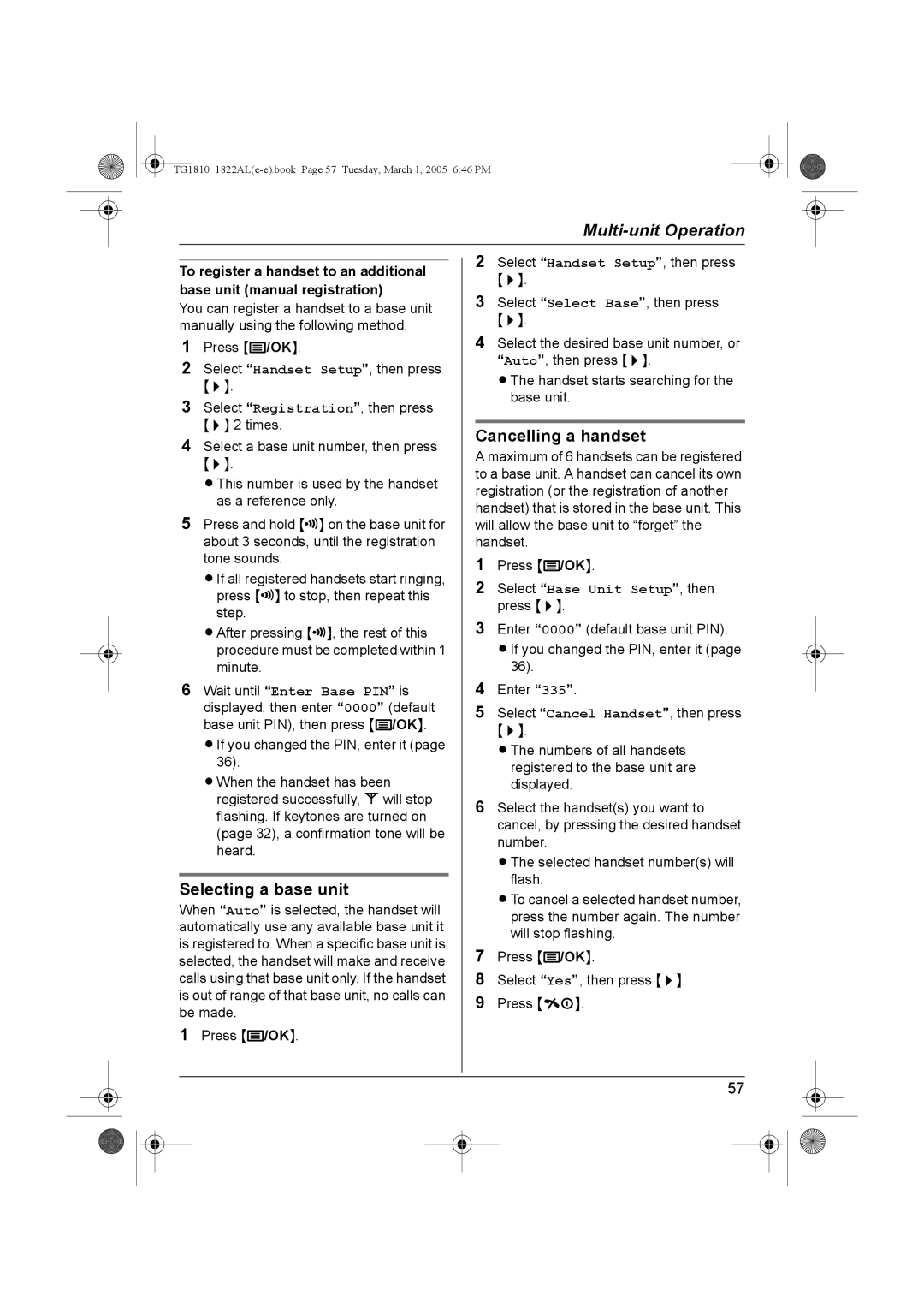 Panasonic KX-TG1822AL, KX-TG1810AL operating instructions Selecting a base unit, Cancelling a handset 