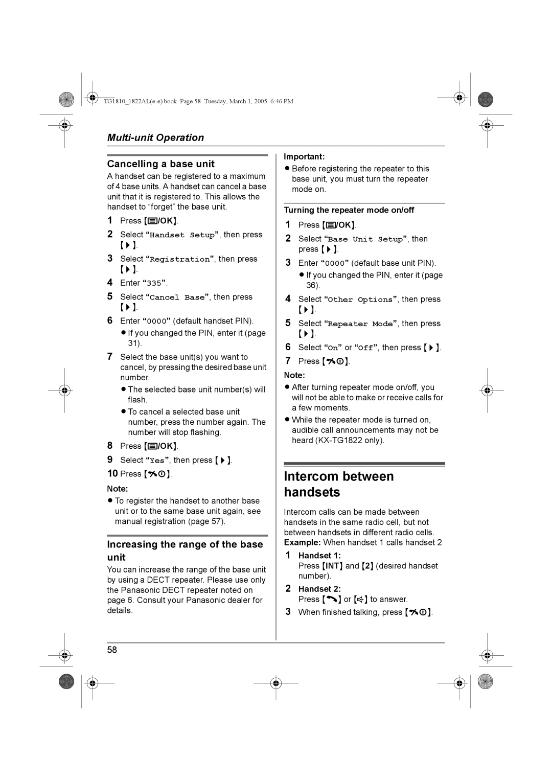Panasonic KX-TG1810AL Cancelling a base unit, Increasing the range of the base unit, Turning the repeater mode on/off 