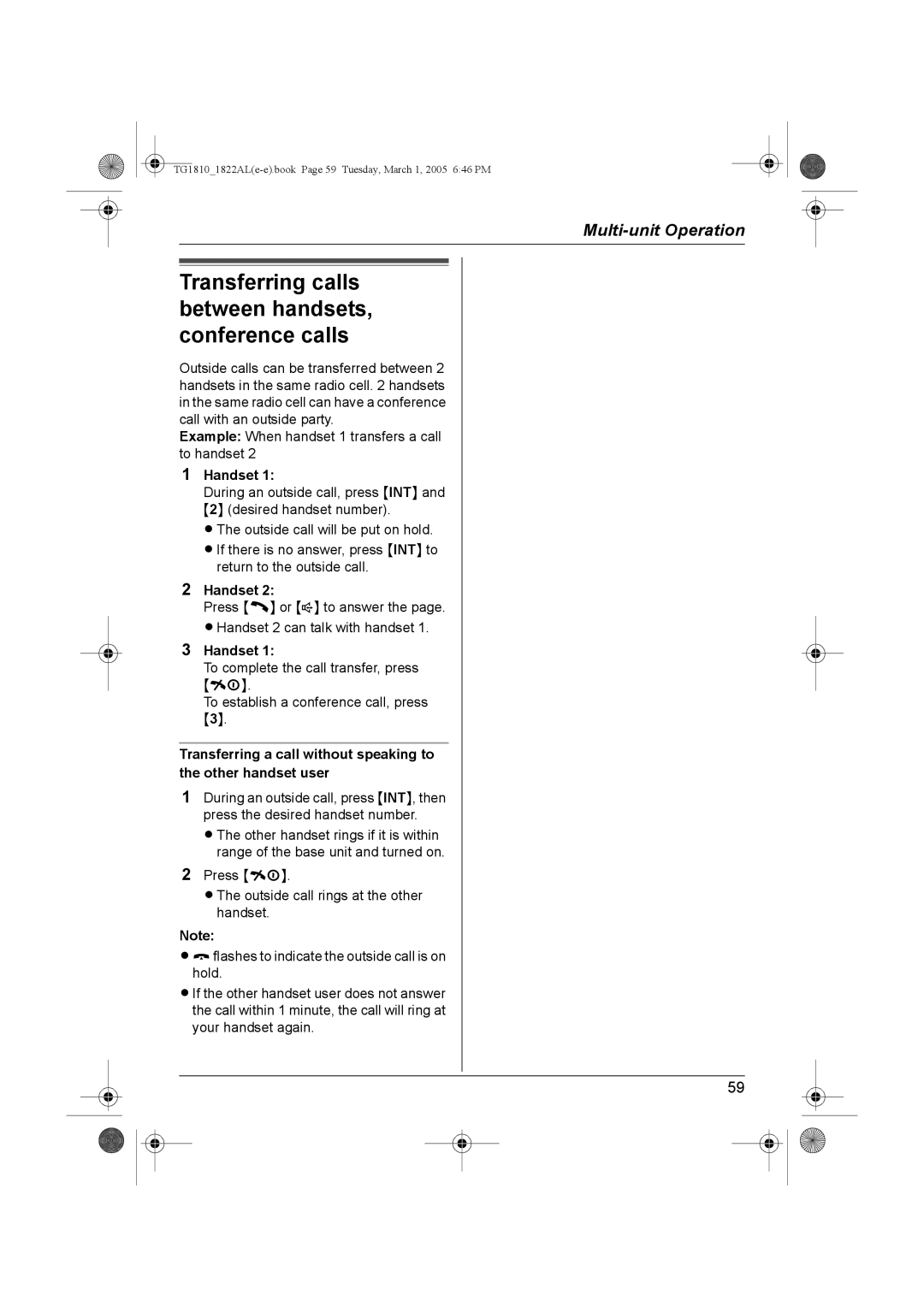 Panasonic KX-TG1822AL, KX-TG1810AL operating instructions Transferring calls between handsets, conference calls 