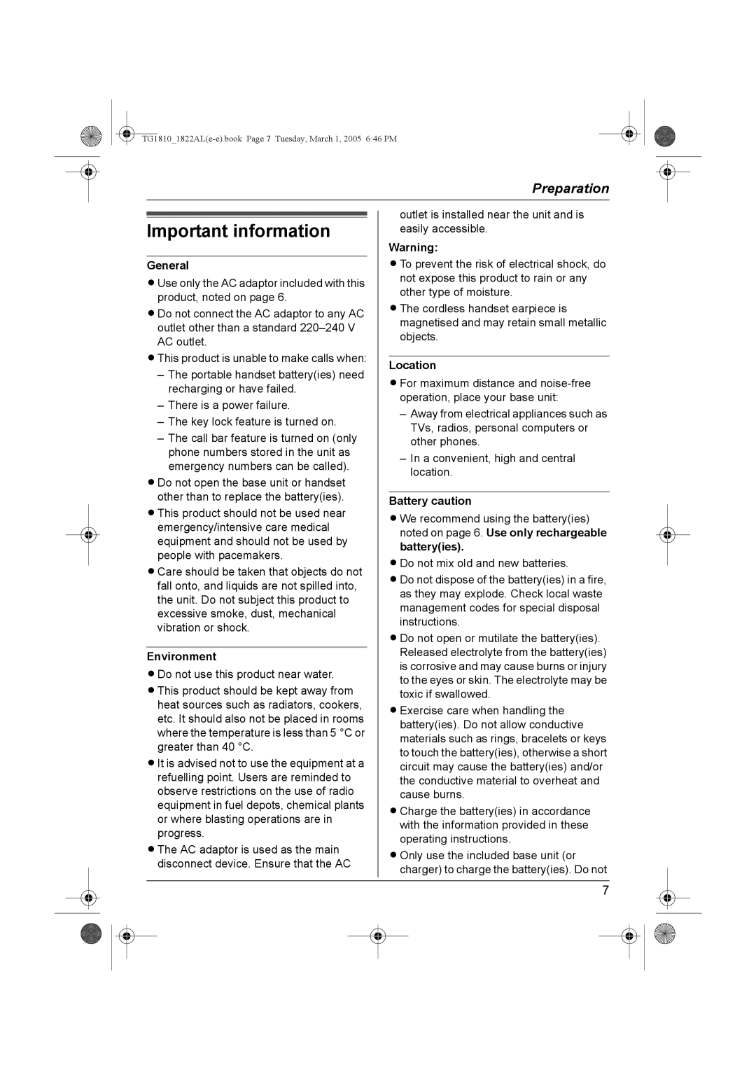 Panasonic KX-TG1822AL, KX-TG1810AL Important information, General, Environment, Location, Battery caution 