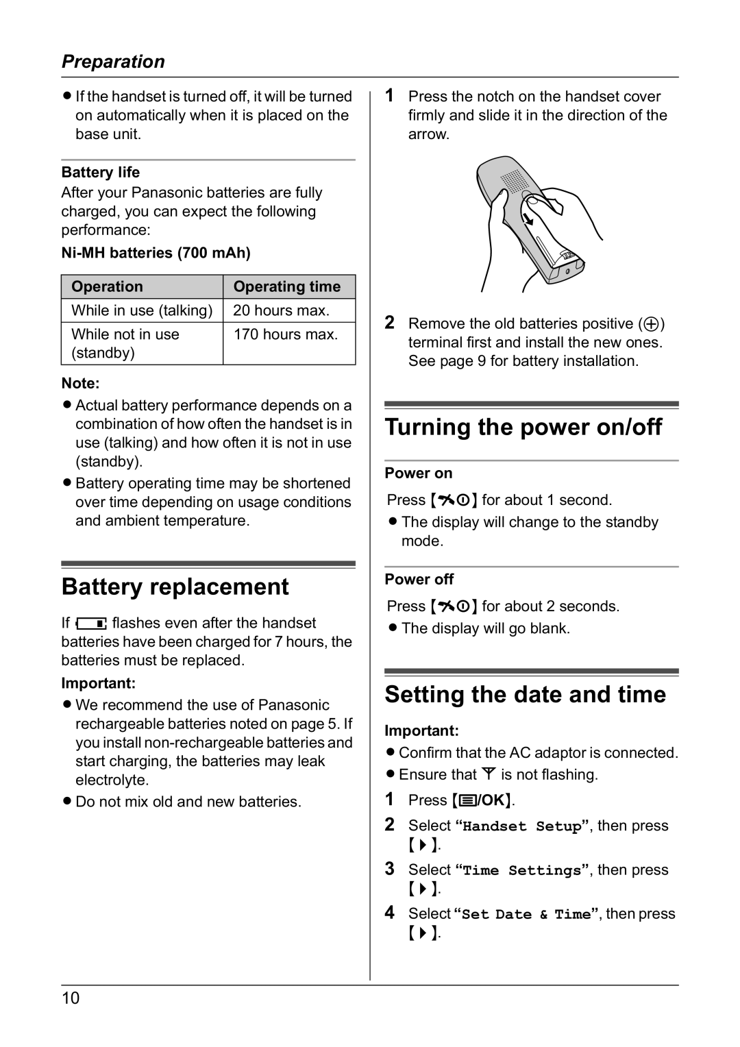 Panasonic KX-TG1810NZ operating instructions Battery replacement, Turning the power on/off, Setting the date and time 