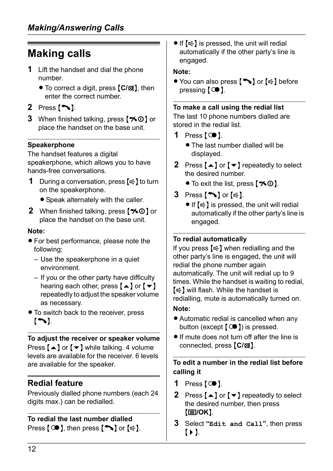 Panasonic KX-TG1810NZ operating instructions Making calls, Redial feature 