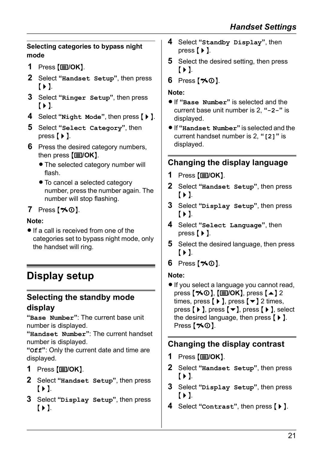 Panasonic KX-TG1810NZ Display setup, Selecting the standby mode display, Changing the display language 