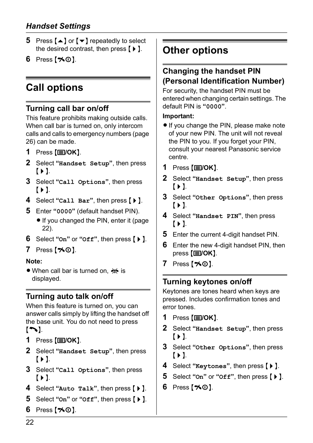 Panasonic KX-TG1810NZ operating instructions Call options, Other options 