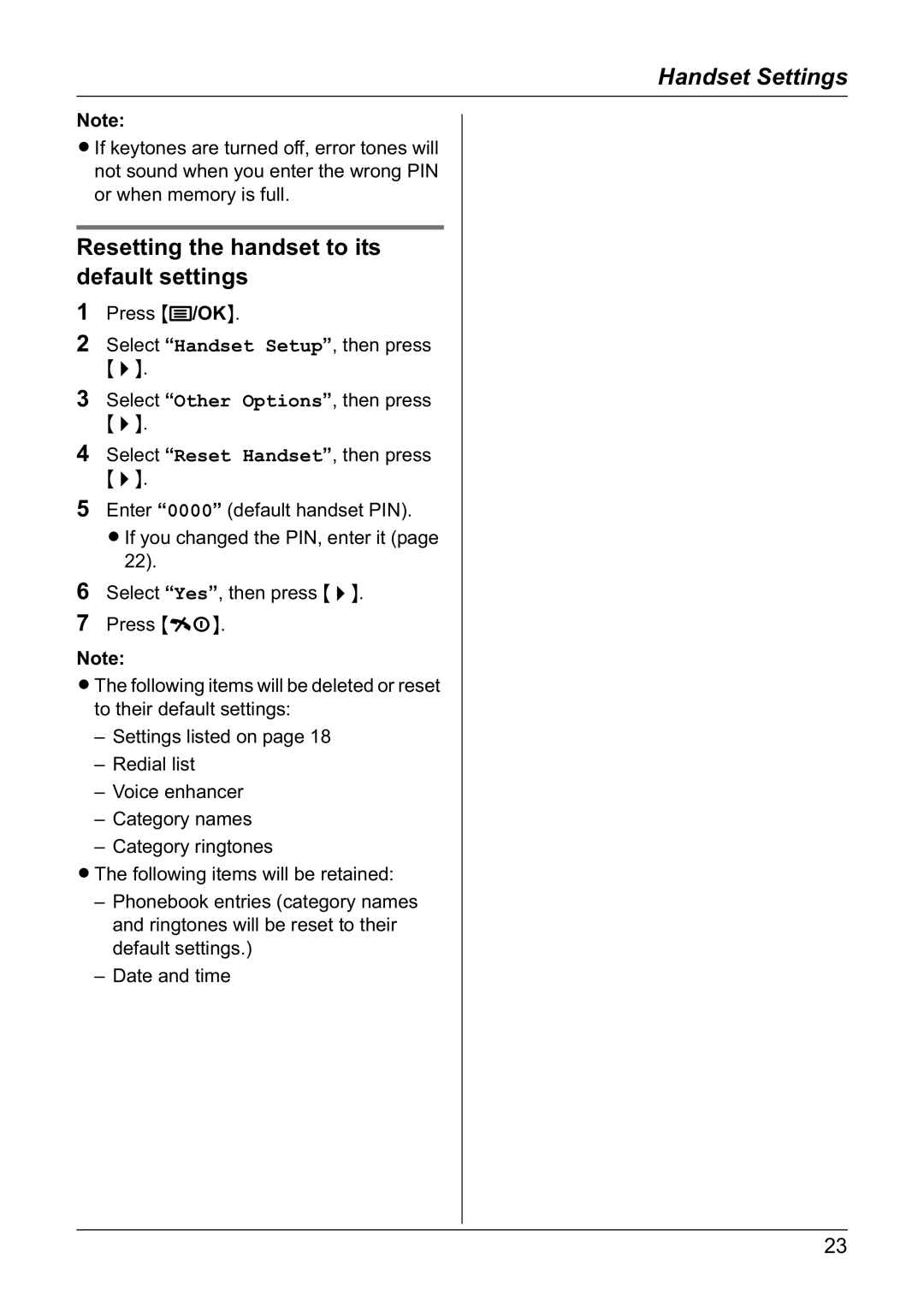 Panasonic KX-TG1810NZ operating instructions Resetting the handset to its default settings 